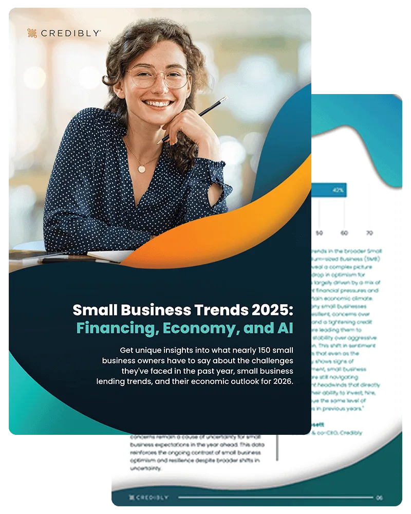 2025 Credibly Small Business Trends Report cover: survey of nearly 150 small business owners on financing, economy, and AI.